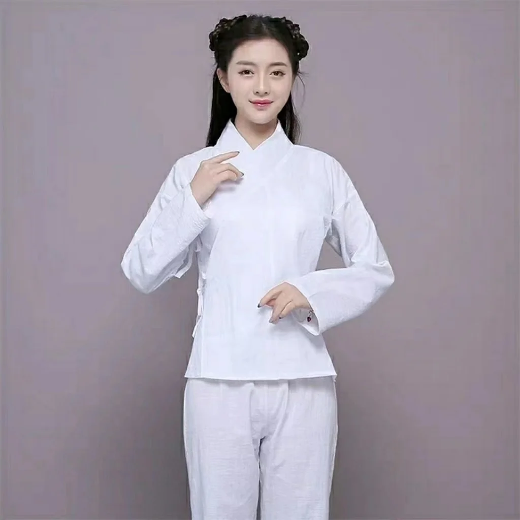 Pyjama Hanfu de la dynastie Ming chinoise pour hommes et femmes, robe taoïste à col rond, vêtements intérieurs blancs, lingerie traditionnelle pour couples, prairie