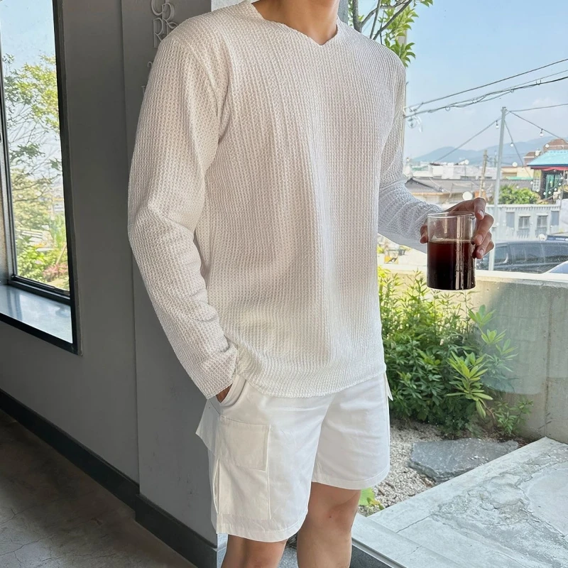 

Small V-neck Knitted Long Sleeved T-shirt for Men's Spring and Summer Casual T-shirt Cover Up, Loose Top