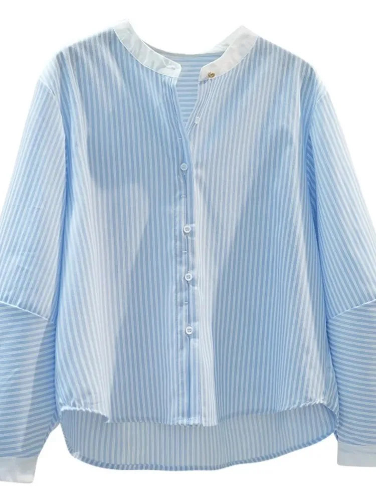Spring Autumn Crew Neck Button Striped Lantern Long Sleeve Cardigan Women's Clothing Casual Formal Shirt Fashionable Tops