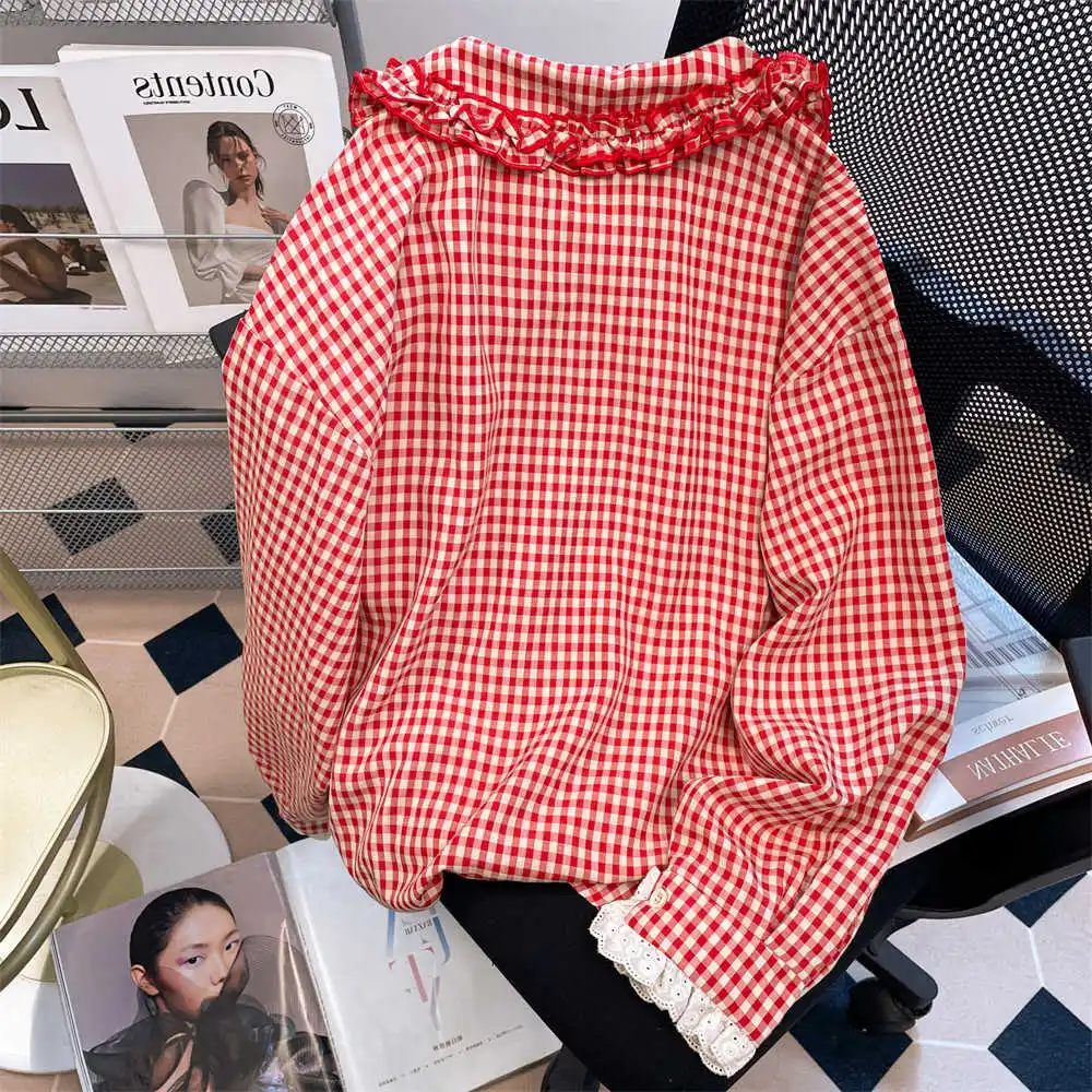 Women Red Bow Plaid Shirts Blouses Vintage Y2k Japanese Street Fashion 2000s Peter Pan Collar Long Sleeve Shirt Cutecore Clothes