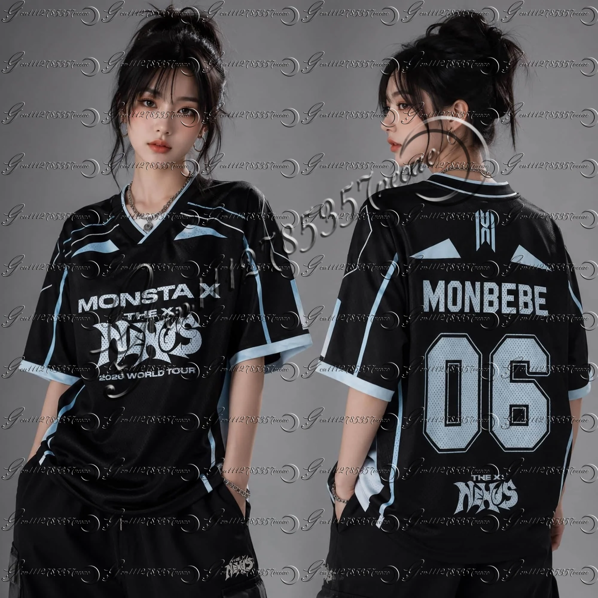 26 Y2k Sommer Erwachsene Damen Galactic Monsta X World Tour The X Nexus Mixed Mesh Jersey Hyungwon Fans T-Shirt Damen FamilyMatching – Detail 8