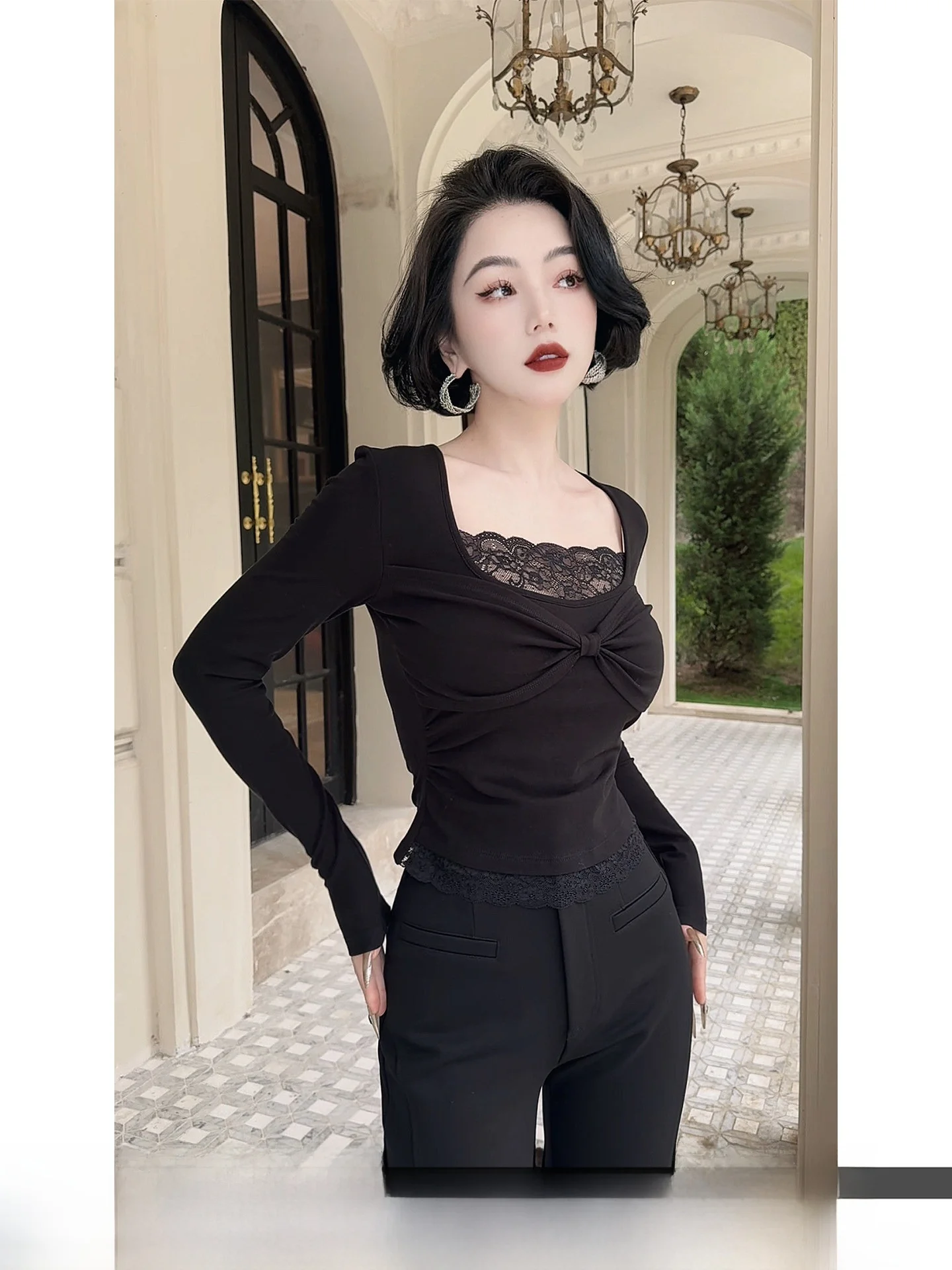 

LYXJ кружевной базовый слой irt, женская зима 2025, облегающий вязаный длинный топ све Ele Sle с эффектом похудения, повседневная одежда