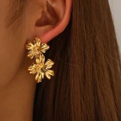 Stainless Steel Earrings Sweet Delicate Light Luxury Double Flower Glossy Earrings For Women Jewelry Travel Party Matching