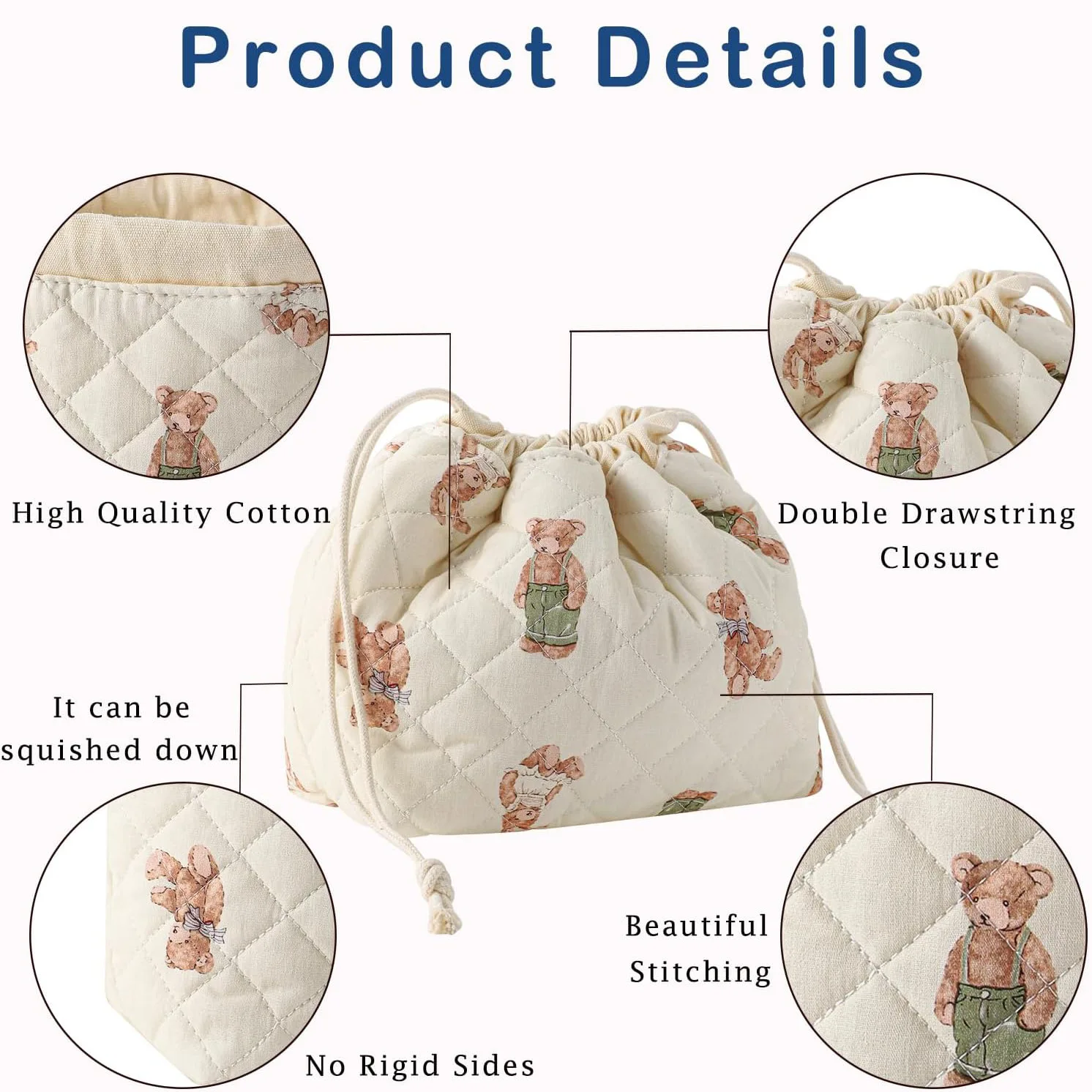 Quilted Makeup Bag Floral Cosmetic Bag Cute Travel Toiletry Bag Soft Aesthetic drawstring Pouch Padded for Women Girls