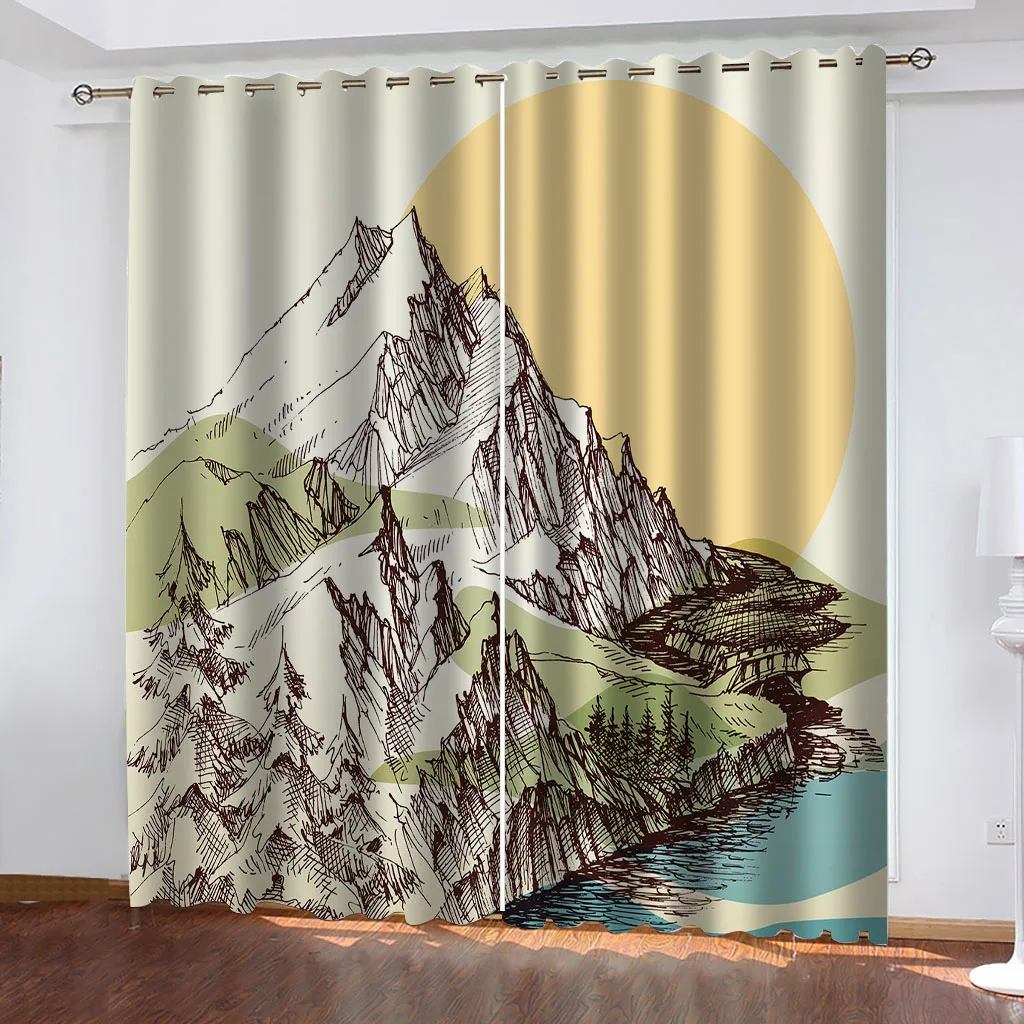 HUANZHUANG Curtains For Living RoomAbstract Full Moon Mountain Lake Landscape Blackout Curtains Perforated 2Pc Home Decor