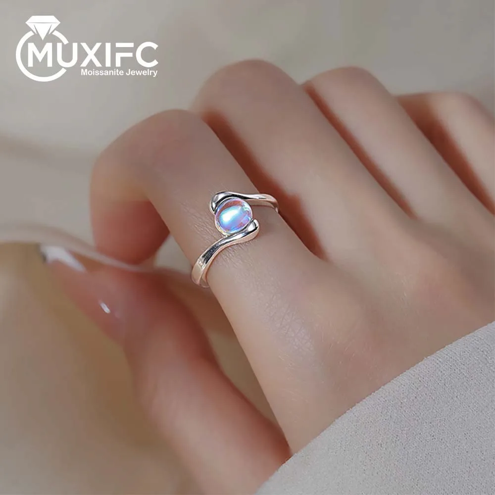 

MUXIFC S925 Sterling Silver Ring for Women Fashion Imitation Moonstone Aurora Glass Band Simple Temperament Finger Ring Gifts