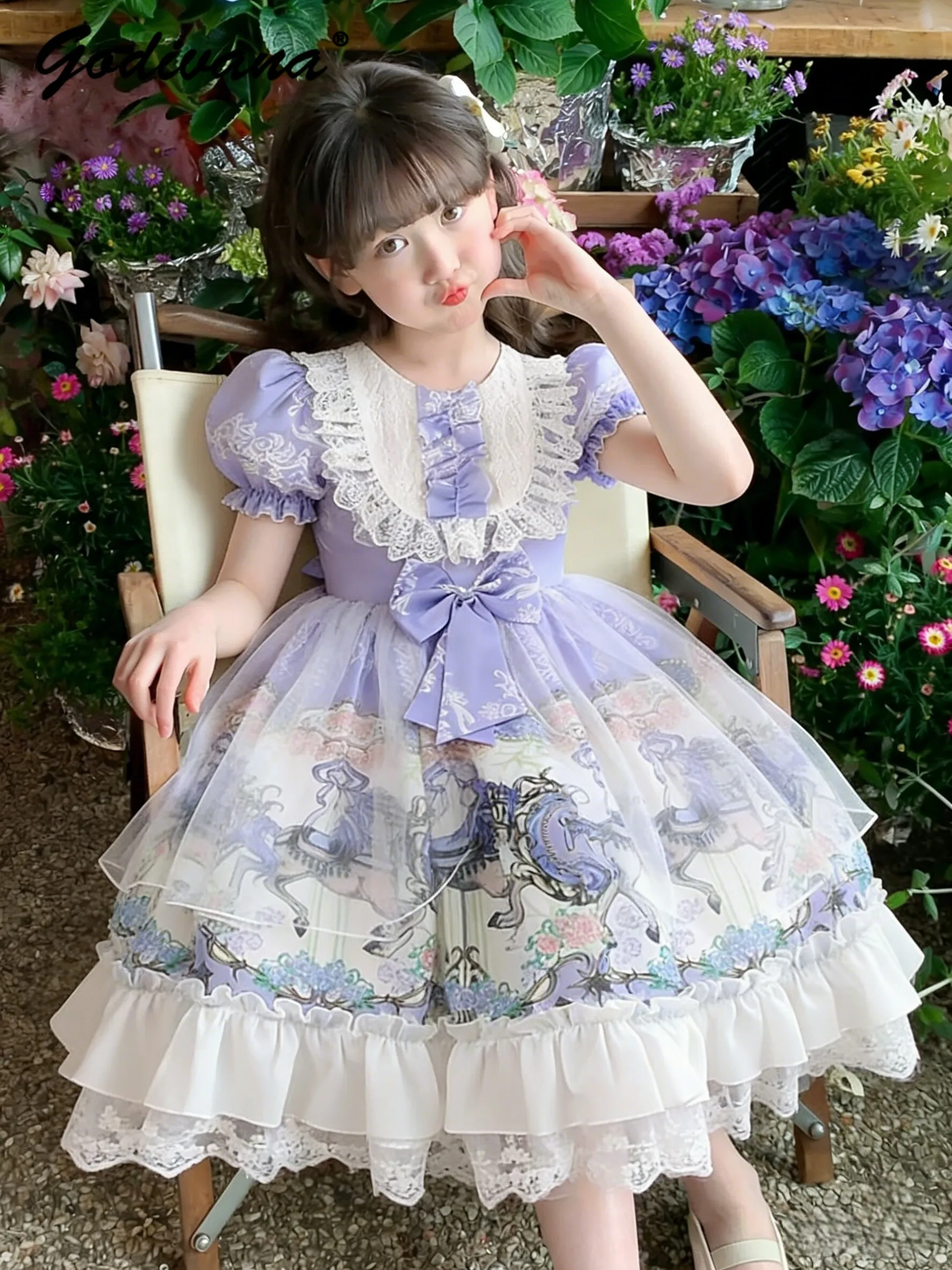 Sweet Girls Elegant Purple Lolita Dress Kids Summer Puff Sleeve Bow Cartoon Print Lace Trim Princess Dress Mesh Patchwork Gown