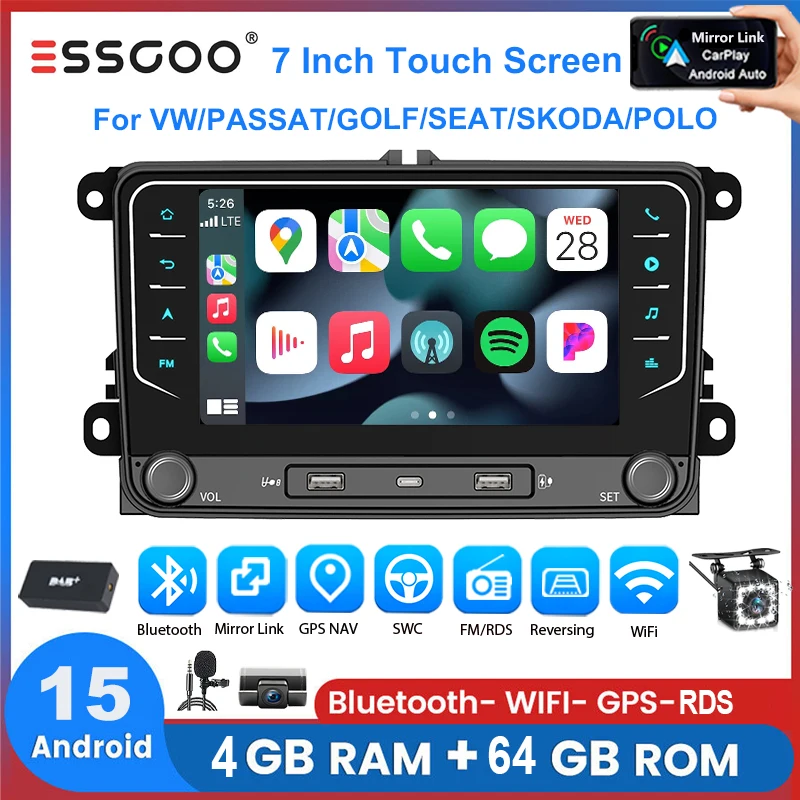 ESSGOO Autoradio Android15 7" 4+64 GB für VW Golf 5 6 Plus Touran Caddy Jetta Passat Polo GPS Navigation Bluetooth RDS FM WiFi Wireless CarPlay Android Auto 2+32 GB Lenkradsteuerung Touchscreen Mirror