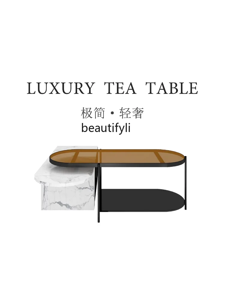 

x1zModern Light Luxury Minimalist Amber-Yellow Glass Marble Coffee Table Side Table Combination Household Living Room Sample Roo