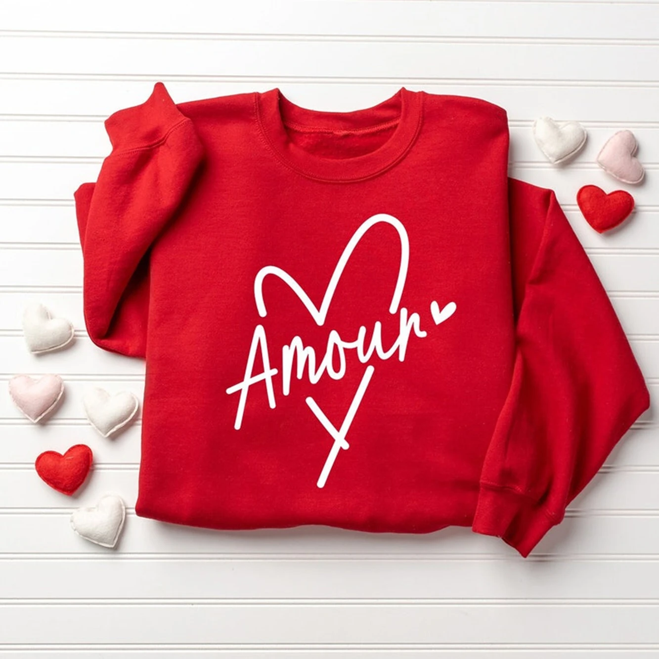 Amore Pattern Printed Unisex Sweatshirt Women's Spring Romantic Heart Pullover Unisex Jumper Relationship Anniversary Top Gift