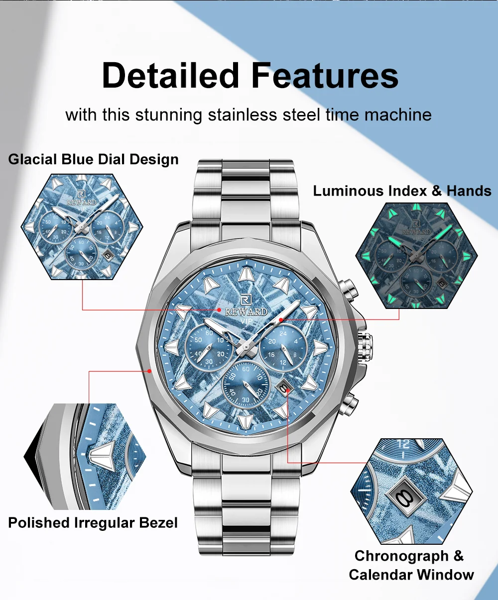REWARD watch for men stainless steel fashion business chronograph watch luminous waterproof luxury men\'s wrist watch
