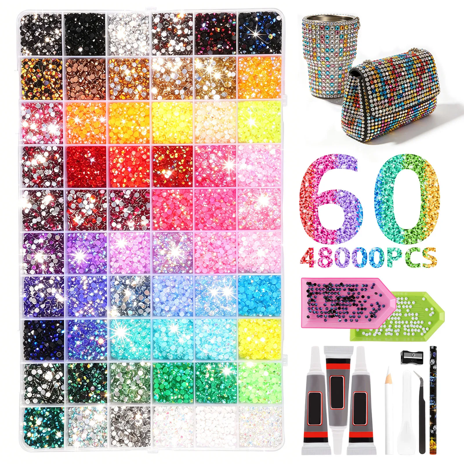 Kit de strass en résine 40/42/60 couleurs, strass en résine de couleur mélangée, strass à dos plat de 3 mm avec colle pour l'art des ongles et l'artisanat