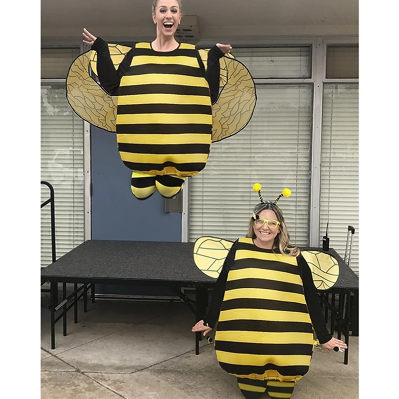 Women Halloween Outfit Long Sleeve Striped Patchwork Bee Costume with Knee-high Socks and Hair Hoop Cosplay Outfit
