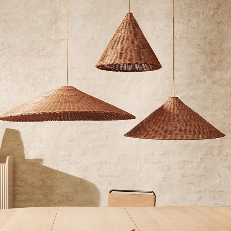 Vintage Brown Beige Rattan Pendant lamp Hand Woven Straw Hat Pendant Light for Bedroom Kitchen Retro Handmade Rustic Chandelier