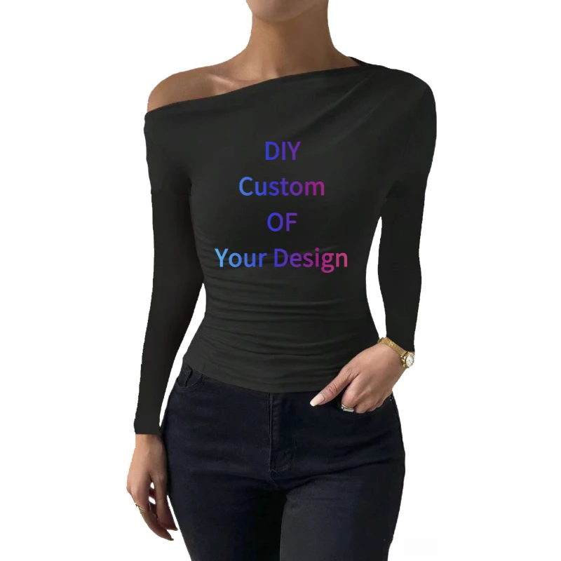 DIY Customized The Logo Picture Women Fall Fashion Off The Shoulder Long Sleeve Shirts Crop Tops Slim Fit Blouses Clothing