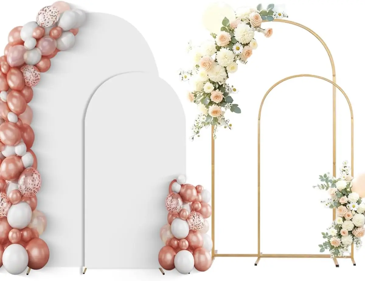 

Set of 2 Gold Arch Backdrops with White Covers (7.2FT+6FT) for Wedding Christmas Birthday Party Decor