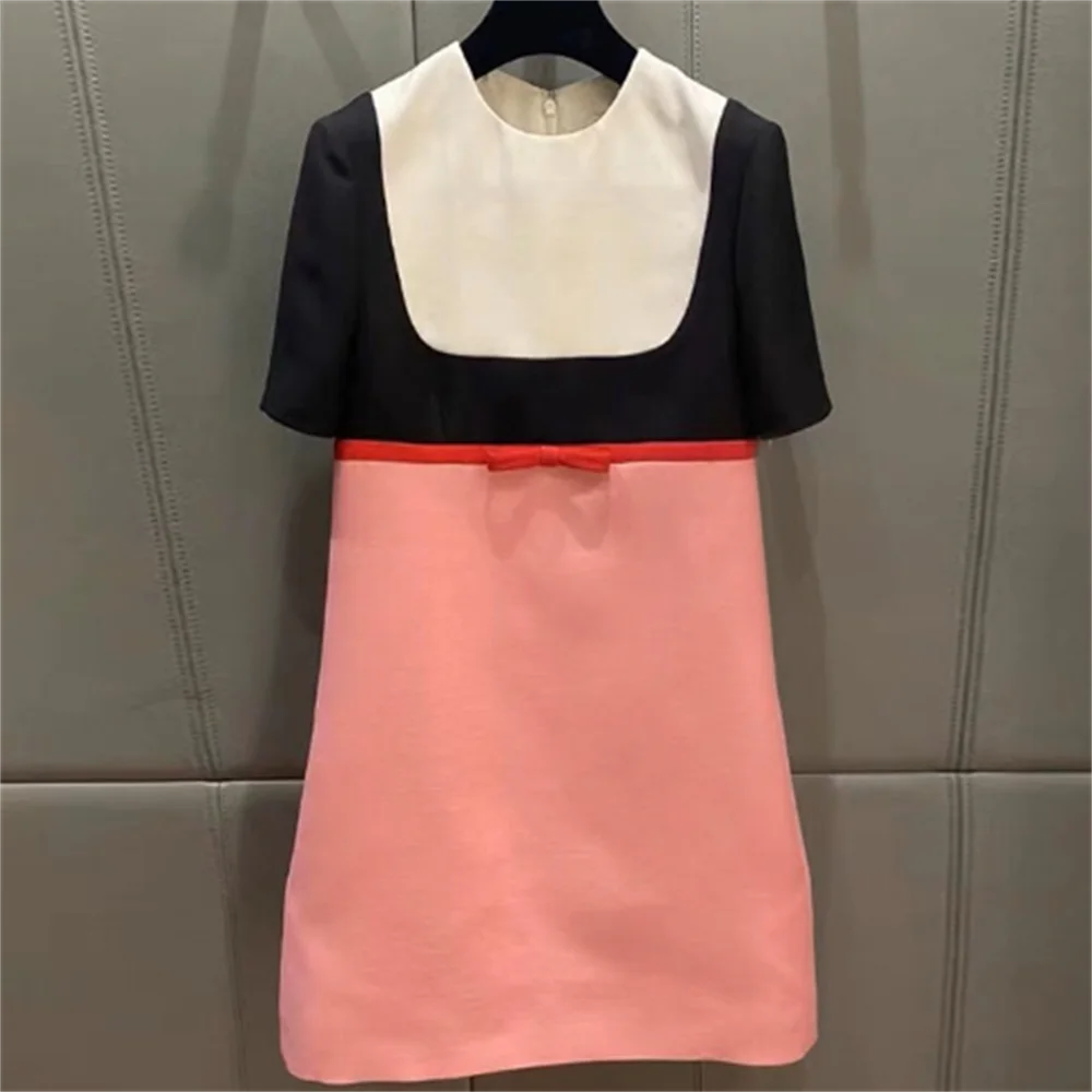 

Women's spliced color dress bow A line short-sleeved Bow elegant dress