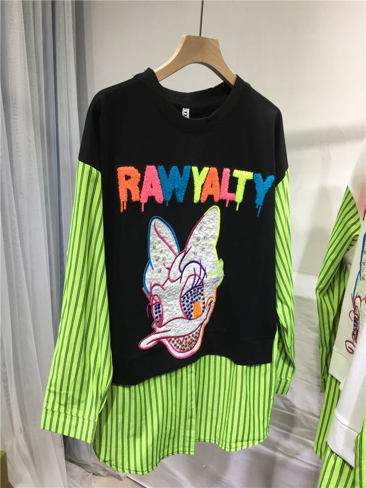 Faux Two Colorblock Piece Striped Long Sleeve Hoodie Top New Autumn Korea Diamond Cartoon Letters Mid-long Casual Sweatshirt