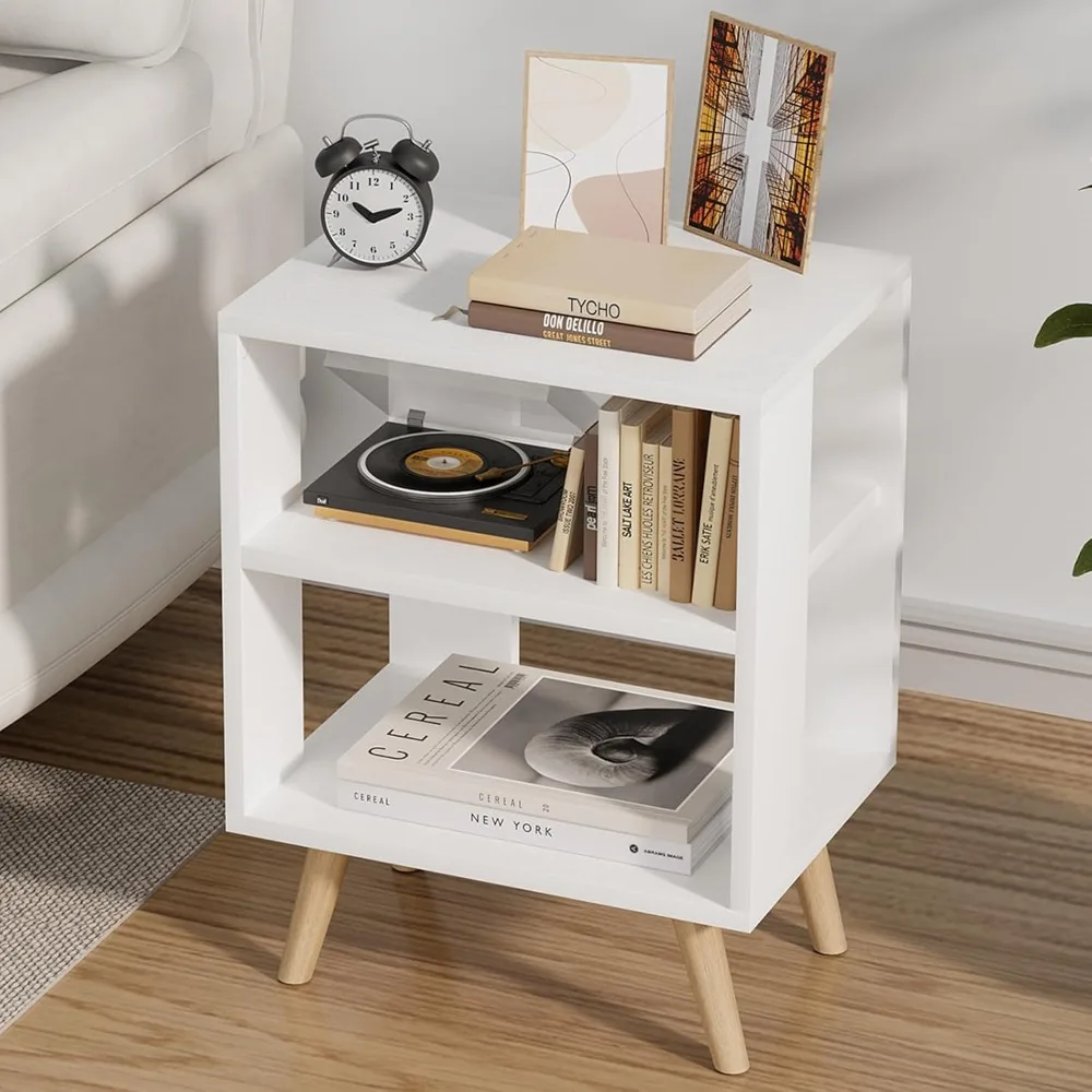 

Contemporary White Children's Nightstand, Open Shelf Modern Side Table, 2-Level Nursery Night Table for Compact Spaces, Living R