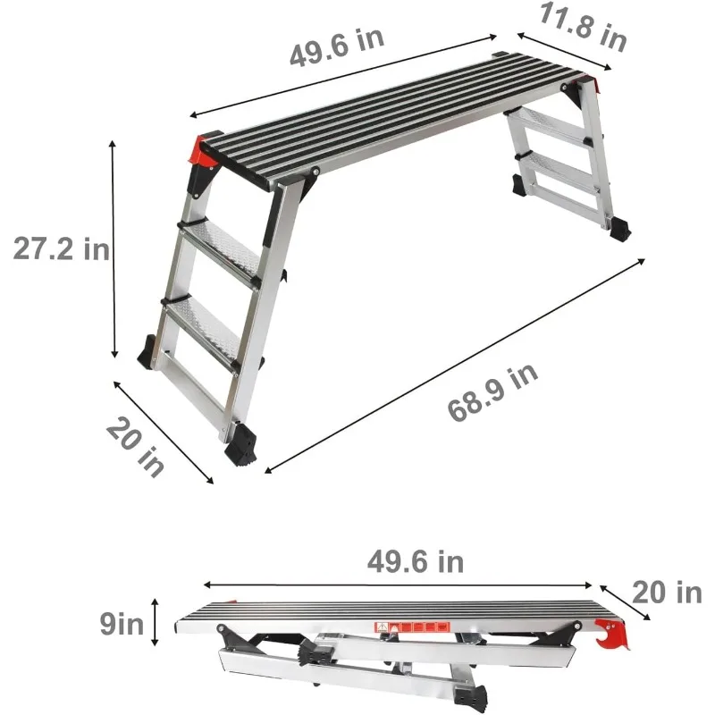 Plate-forme de travail en aluminium, échelle à 2 marches, pliable, portable, banc avec polymères coordonnants, capacité de 660 lb, rapDuty, 50 po x 12 po