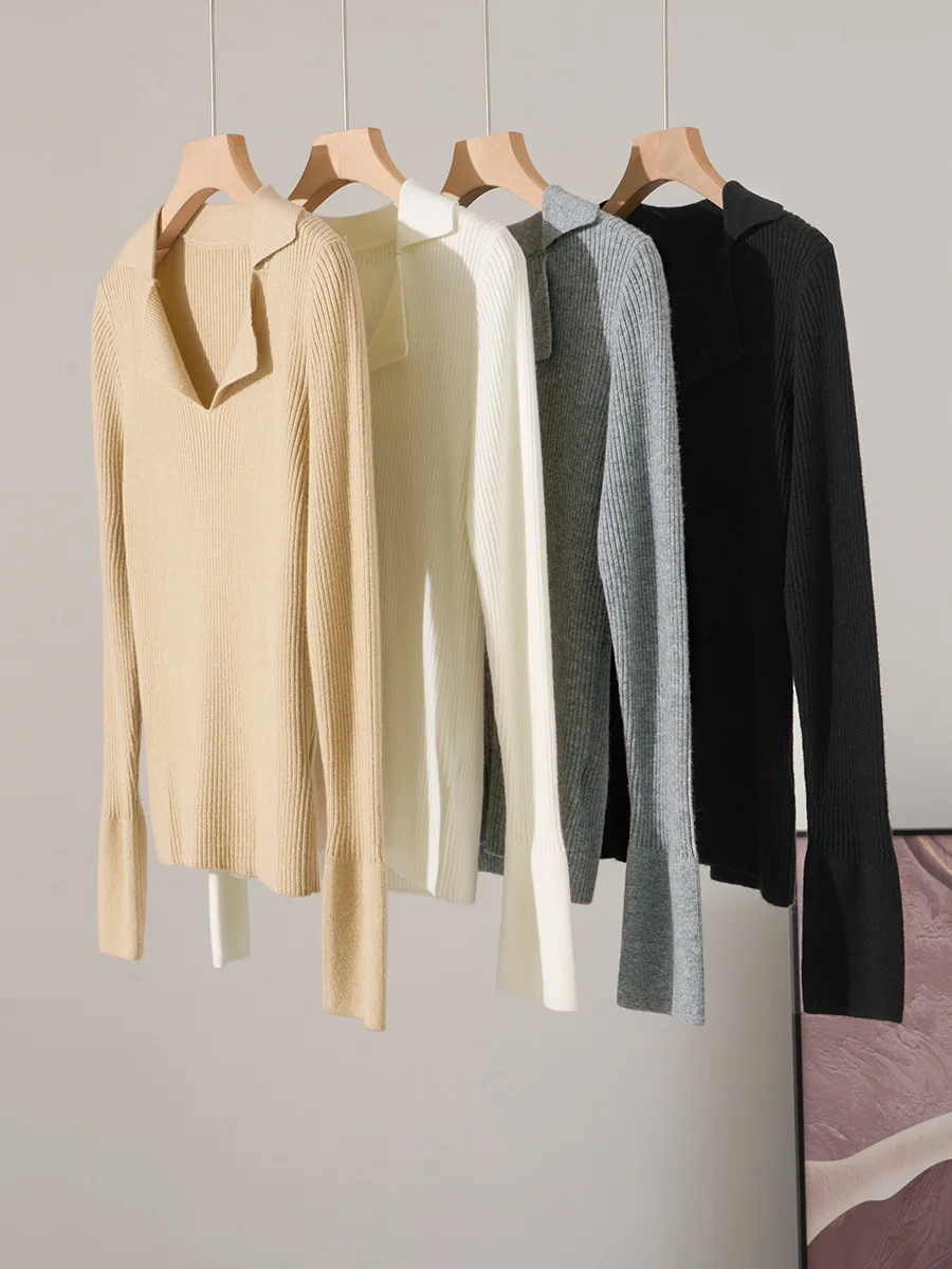 BirdTree, Wool Blended Elegant Sweaters, Women Lapel Solid Color, Casual Fashion Slim Knit Sweater, 2024 Fall Winter T47064QM