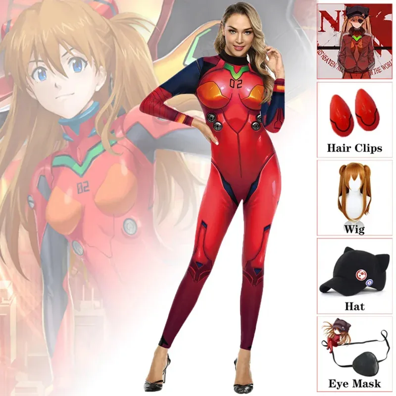 

Asuka Langley cosplay bodysuit Zentai costume adults kids Asuka Langley Soryu wig hair clips Halloween carnival Purim costumes