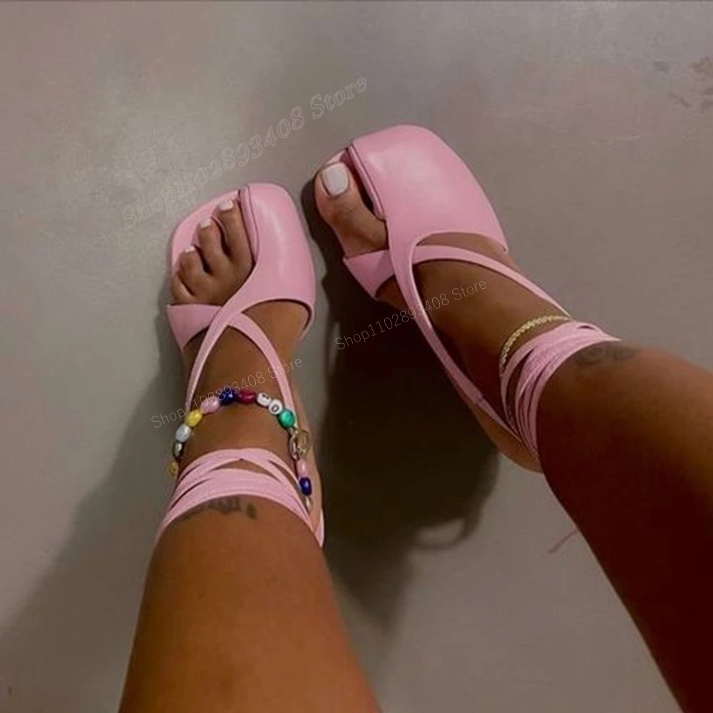 Pink Runway Style Hollow Spilt Toe Pumps Strappy Chunky High Heel Lace-up Matte Fashion Women Shoes 2024 Zapatos Para Mujere