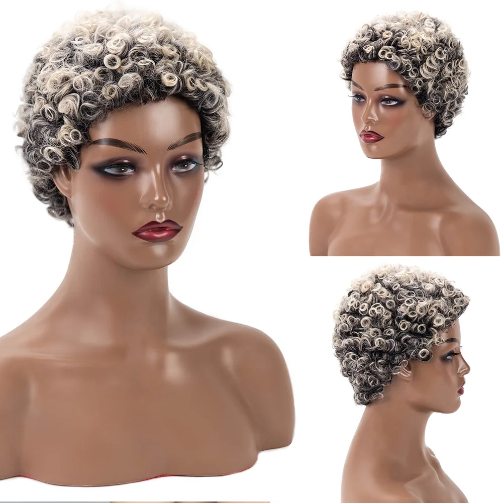 Amir Synthetic Short Curly Wigs for Women Ombre Gray Pixie Cut Hair Wig  Afro Kinky Curly Hair Summer styles Machine Made