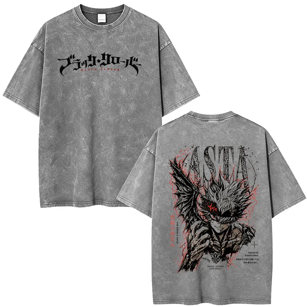 Anime Black Clover Asta Vintage Acid Washed T-Shirts Herren Damen Kleidung Mode Harajuku T-Shirt Lässige Kurzarm-T-Shirts – Detail 4