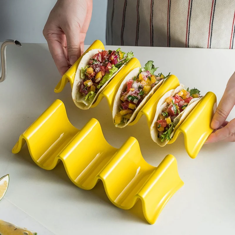 Beautiful Versatile Large Wavy Glossy Yellow Ceramic Taco Plate for Tortillas Pancakes Home Kitchen Serving