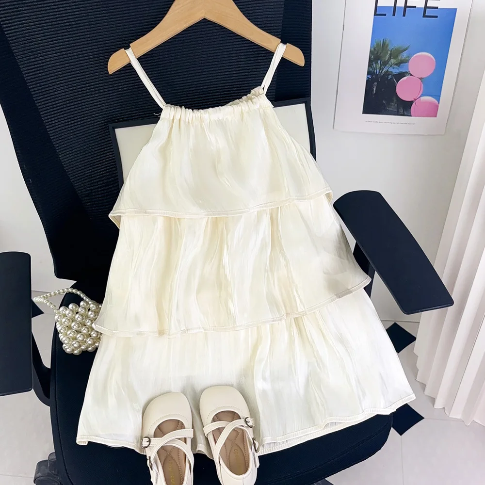 Bear Leader Beige Girls Dresses Summer Korean Version Solid Color Children's Clothing Sleeveless Patchwork Suspender Dress