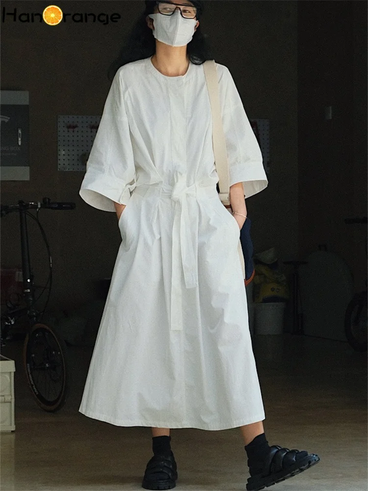 HanOrange 2025 Spring Shirt Dress Loose Profile Tie Waist Art Half Sleeve Dress White/army Green