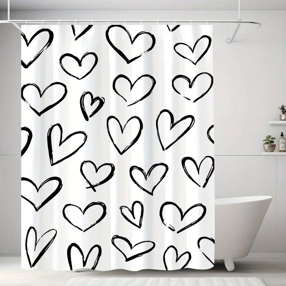 

1 шт. Черная занавеска для душа с сердечным узором, полиэфирная ткань, можно стирать в машине, подходит для декора ванной комнаты.