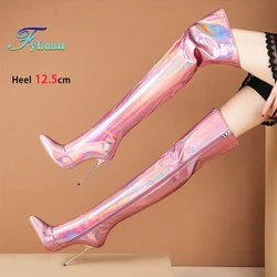 Thigh High Heel Boots Women Pointy Toe Shiny Leather Nightclub Dance Shoes Female Holographic Stiletto Heels Over-the-Knee Boots