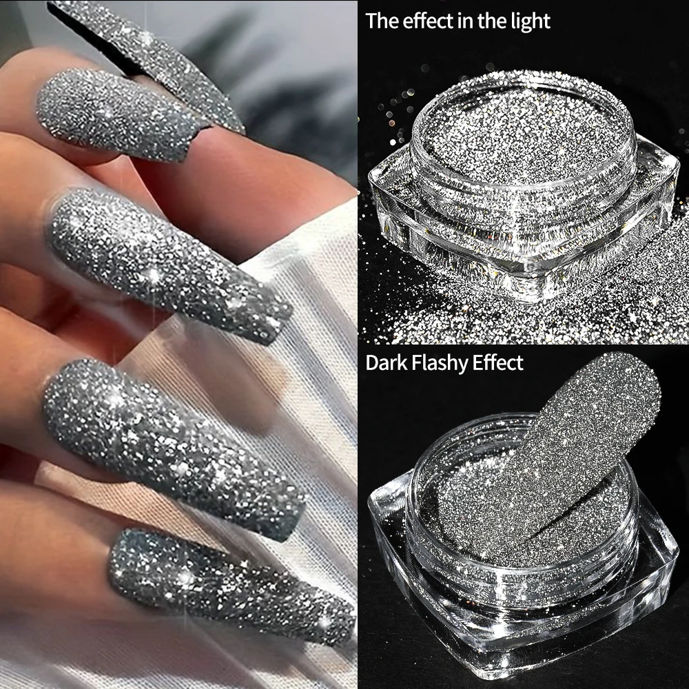 Poudre à ongles réfléchissante à paillettes argentées, effet Flashy foncé, cristal diamant, Pigment chromé, poussière à friction, décorations de manucure, 1 pièce