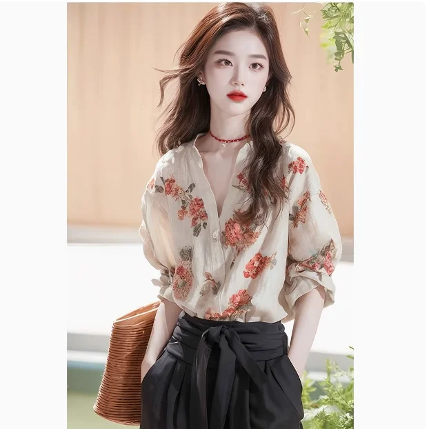 

Ele Unique Long Sve Printed V-Ne Women's irt Faionable Early Autumn Top Polyester Fiber Non-Sinking Regular Th...