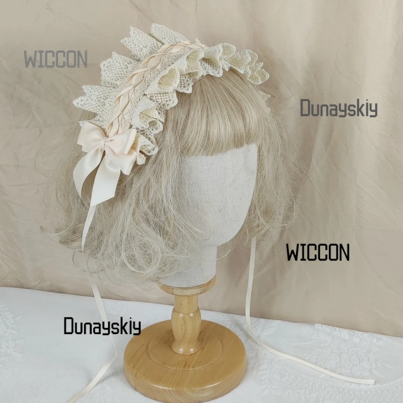 Handmade Japanese Bow Hat Elegant Ivory Lolita Headdress Floral Accent Tea Party Bridal Cosplay Matching Wrist Cuffs Hair Ribbon