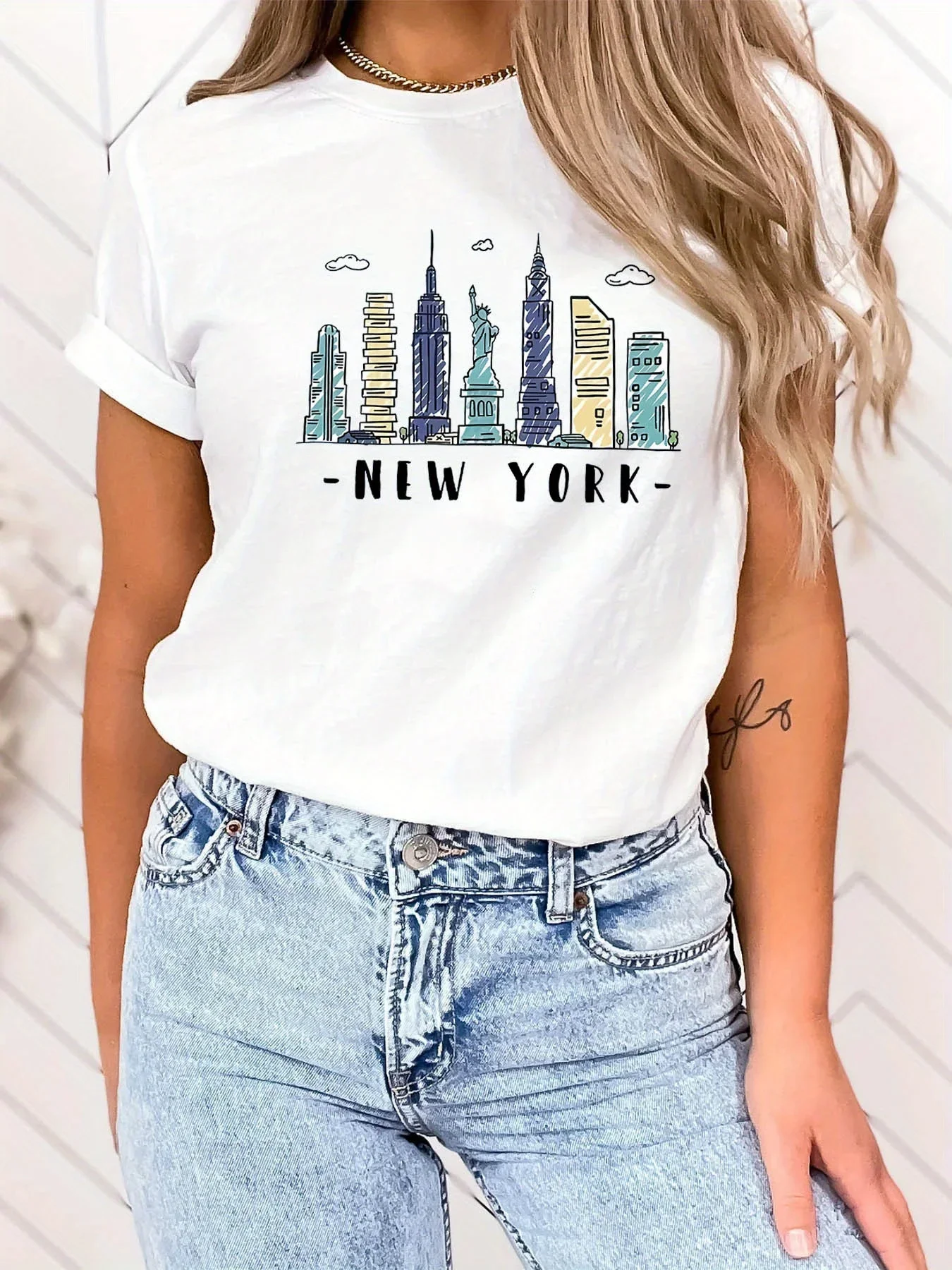 With New York Pattern Print for Spring and Summer Women Casual Round Neck Sleeve T-Shirt Short sleeved streetwear Harajuku Tops