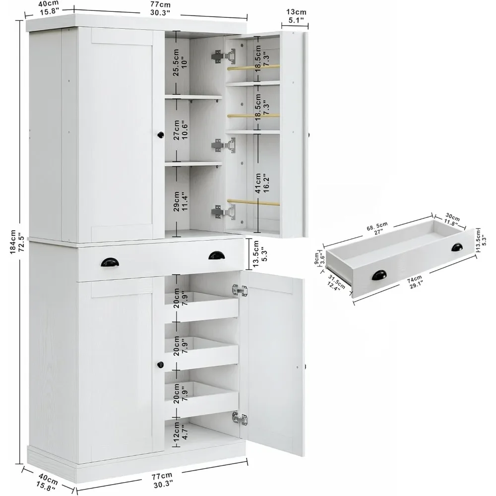 Kitchen Pantry Cabinet 72" Height, Freestanding Cupboard with Drawer, Sliding Rack & 6 Hanging Shelves for Dining Area