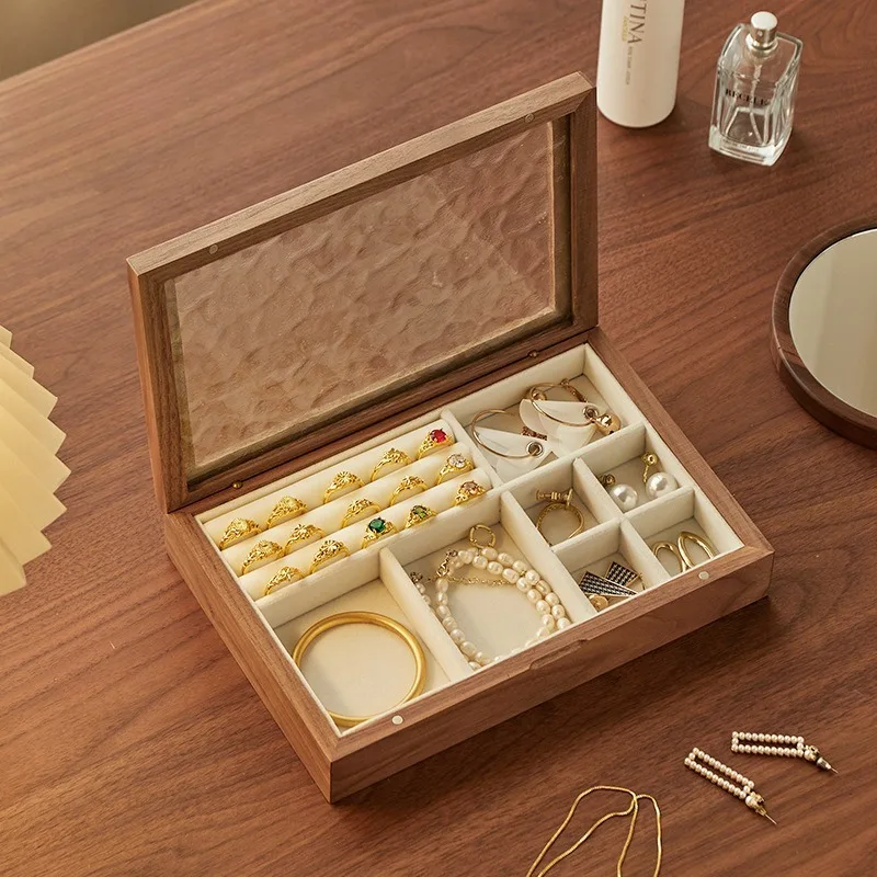 

Black Walnut Jewelry Box Luxury Retro Ring Storage Boxes Transparent Sunroof Bracelet Display Case Jewellery Organizer Supplies
