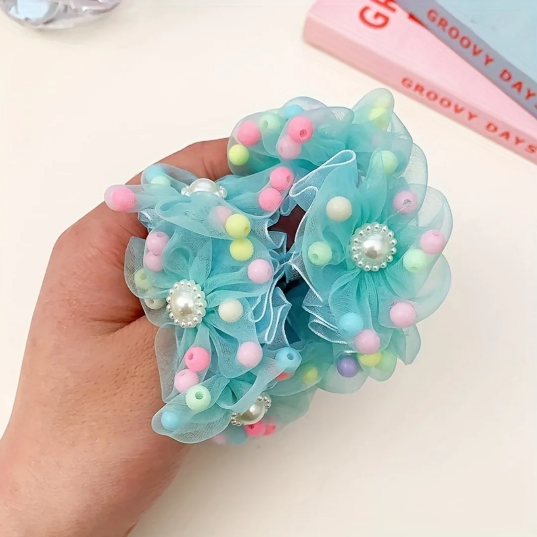 1 Pair of Kidsren\'s Pearl Head Flower Hair Accessories Little Girl\'s Cute Ball Hair Circle Girl\'s Flower Headband Hair Rubber Ba