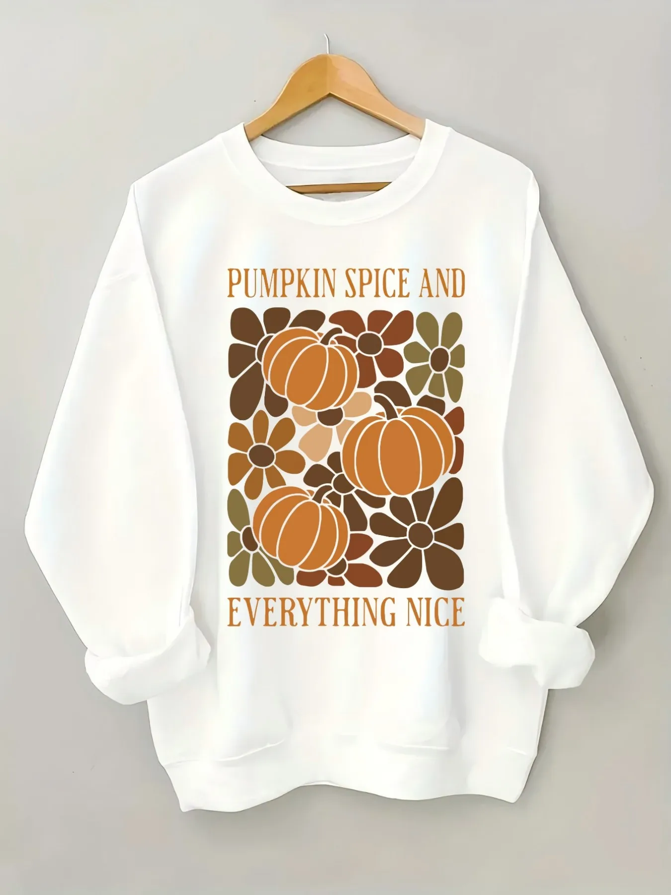 Women's Crew Neck Pullover Sweatshirt Pumpkin Spice Floral Design, Soft Casual Long Sleeve, Daily Casual Top Outfit, Winter Women's Clothing, Thanksgiving Outfit view 6