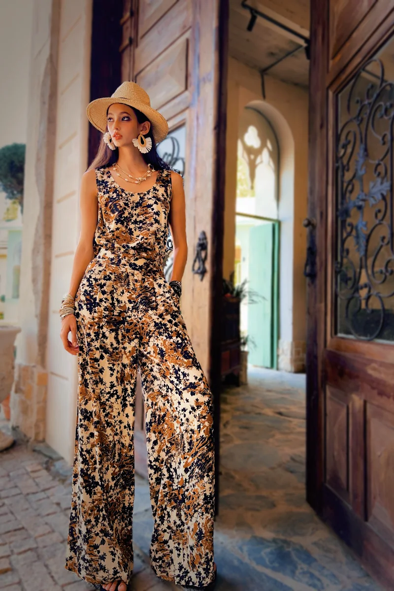 Summer Print Pants Elastic Waist Wide-Leg Women's Pants Separately Vest Casual Loose Empire Trousers Y2K 2025 DABUWAWA DM2ATR006