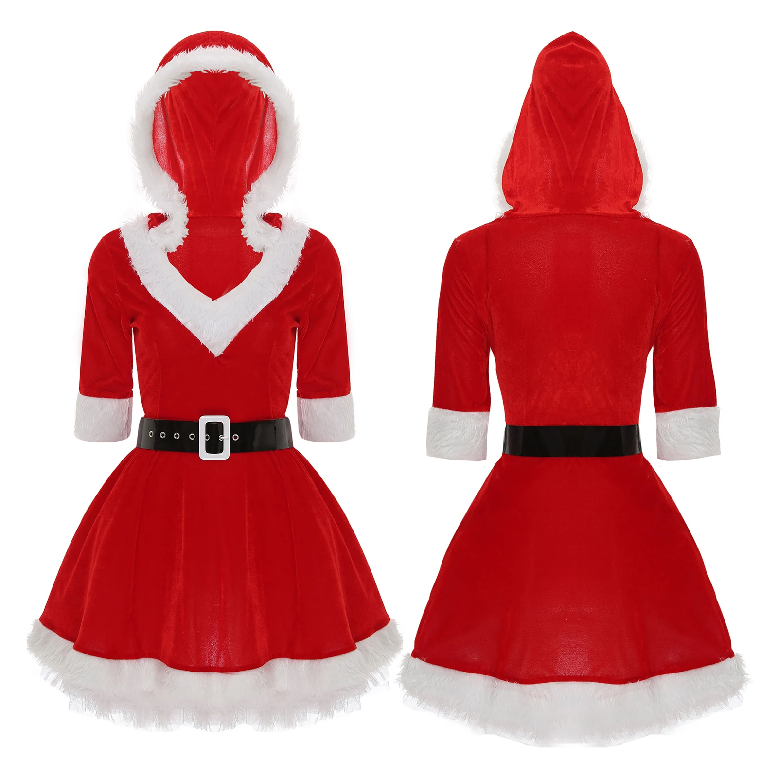 

Women Red Velvet Christmas Dress Mrs Claus Santa Baby Cosplay Costume Xmas Fancy Party Dress V Neck Hooded Tutu Dress with Belt