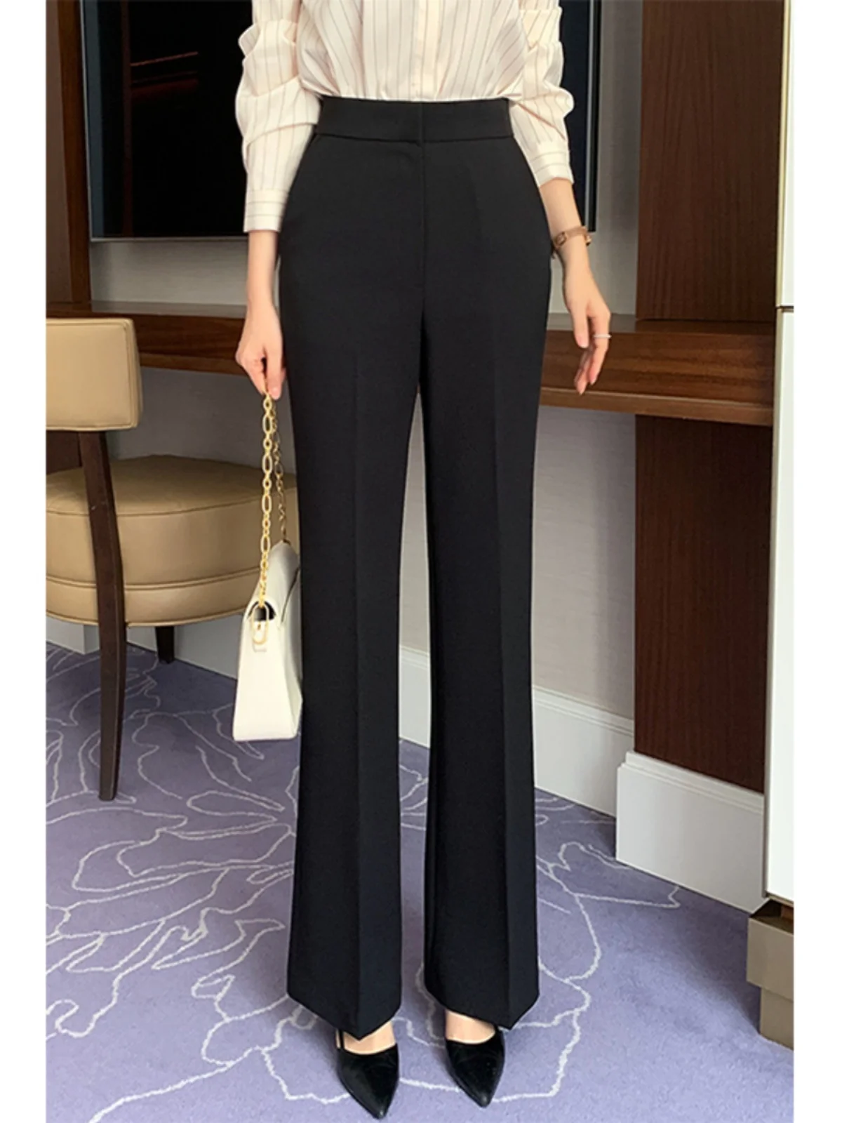 

High Waist Trousers Women's Style Spring New Casual Commute Slimming Flared Pants Korean Version Polyester Fiber Blended