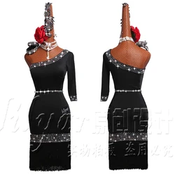 Latin Dance Competition Dress Costumes Performing  Practice Skirt Customize Adult Kids Lady Black Tassel