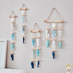 Mediterranean Style Wall Decor Fish Skewers Shell Pendants Solid Wood Hemp Rope Wind Chimes Creative Nordic Wall Home Decoration