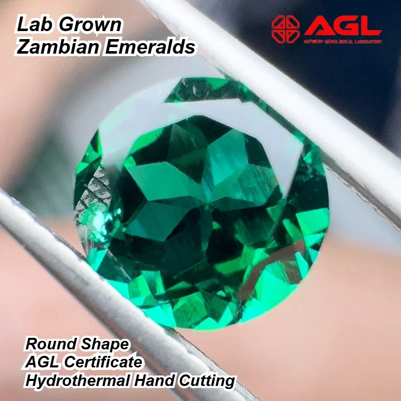 Lab Grown Zambian Emeralds Round Shape Hydrothermal Hand Cutting with Cracks Inclusions Inside Selectable AGL Certificate