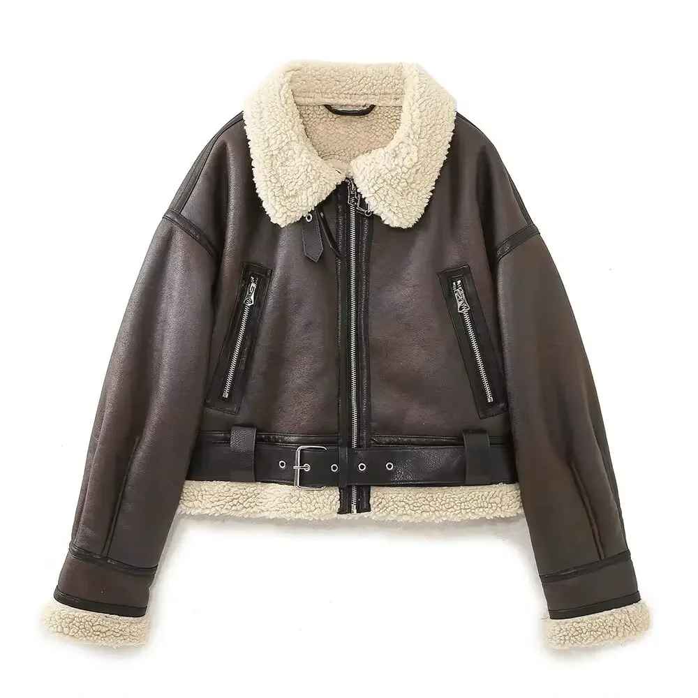 Women's new fashion with belt short double-sided long sleeved Fur Faux Leather jacket retro zipper pocket women's coat chic top