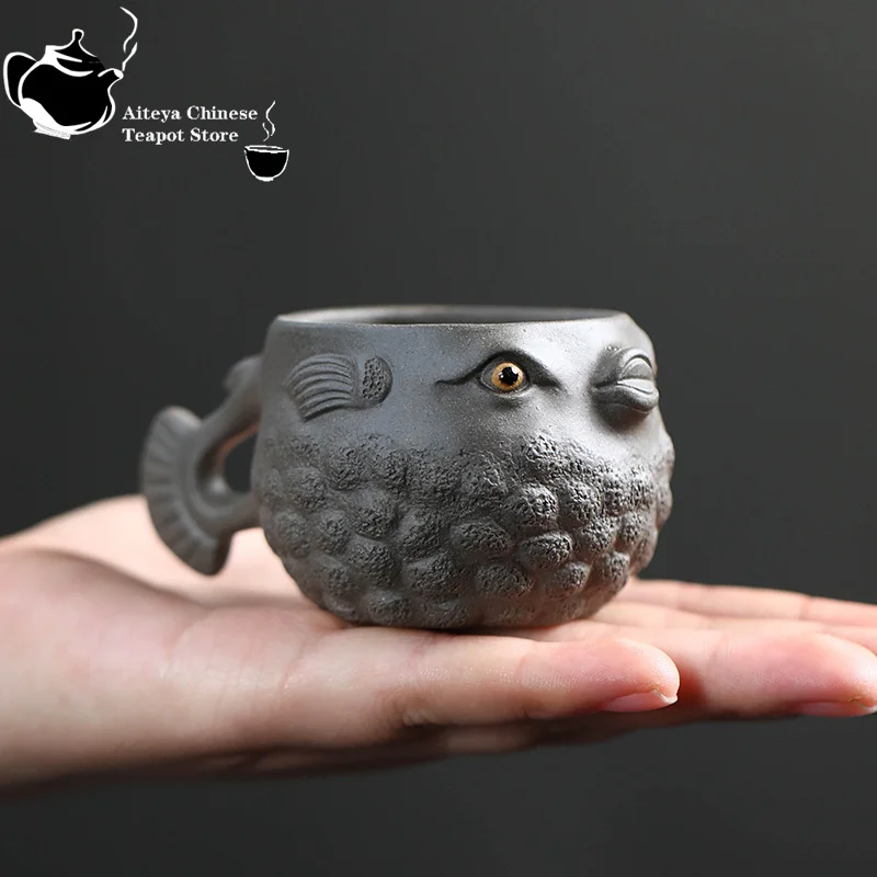 Yixing handmade raw ore purple clay cup biomimetic pufferfish master cup tea cup grey clay tea set small cup single cup